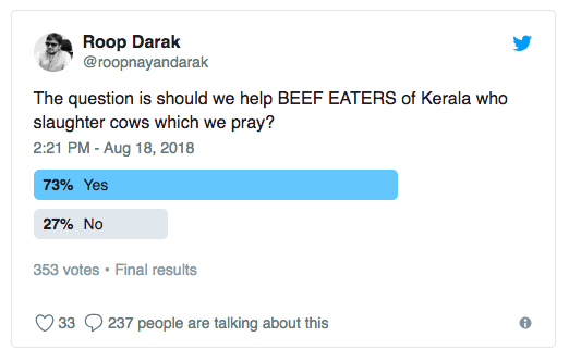 Roop Darak @roopnayandarak The question is should we help BEEF EATERS of Kerala who slaughter cows which we pray? 2:21 PM - Aug 18, 2018 (73%) Yes 27% no 353 votes - Final results